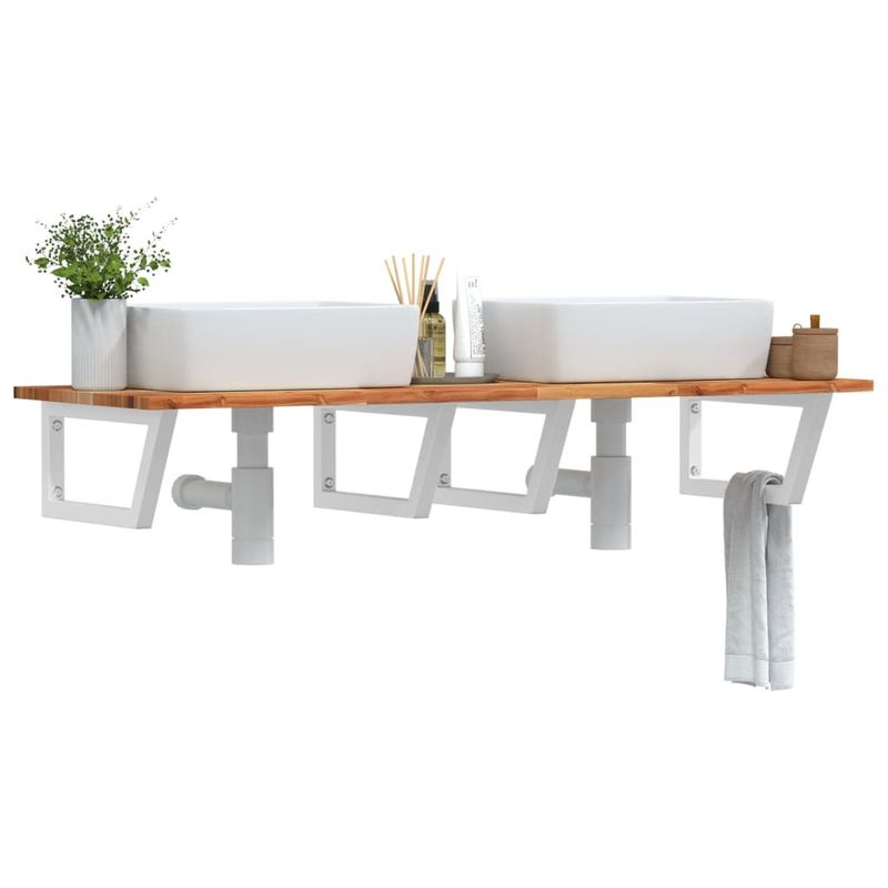 Casa si Gradina - Mobilier - Biblioteci si rafturi - Rafturi - Raft pentru lavoar montat pe perete, otel și lemn masiv acacia, maro închis și alb, mărime 160x50x2 cm, model trapez - Infinity.ro