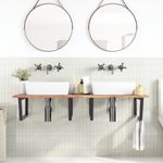 Casa si Gradina - Mobilier - Comode si corpuri - Masute de toaleta - Raft pentru lavoar montat pe perete, otel și lemn masiv acacia, maro și negru, mărime 140x60x2 cm, model trapez - Infinity.ro