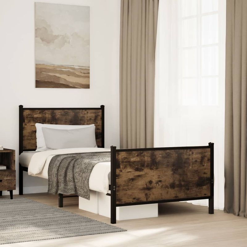 Casa si Gradina - Mobilier - Paturi si accesorii - Paturi - Cadru pat metalic tablie cap/picioare, stejar fumuriu 90x200 cm, model cu tăblie și suport de picioare - Infinity.ro