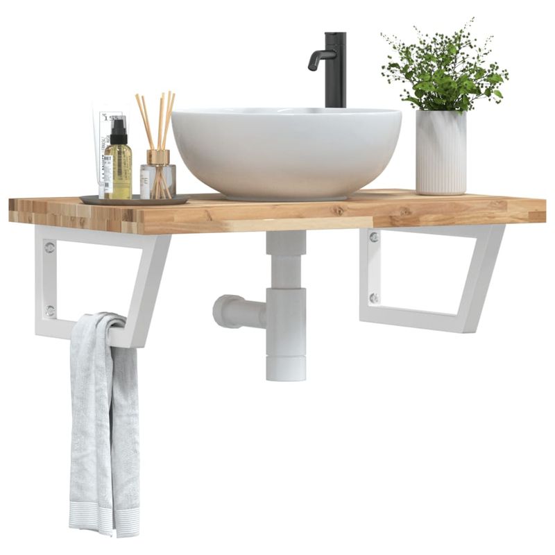 Casa si Gradina - Mobilier - Biblioteci si rafturi - Rafturi - Raft pentru lavoar montat pe perete, otel și lemn masiv acacia, maro și alb, mărime 100x50x4 cm, model trapez - Infinity.ro
