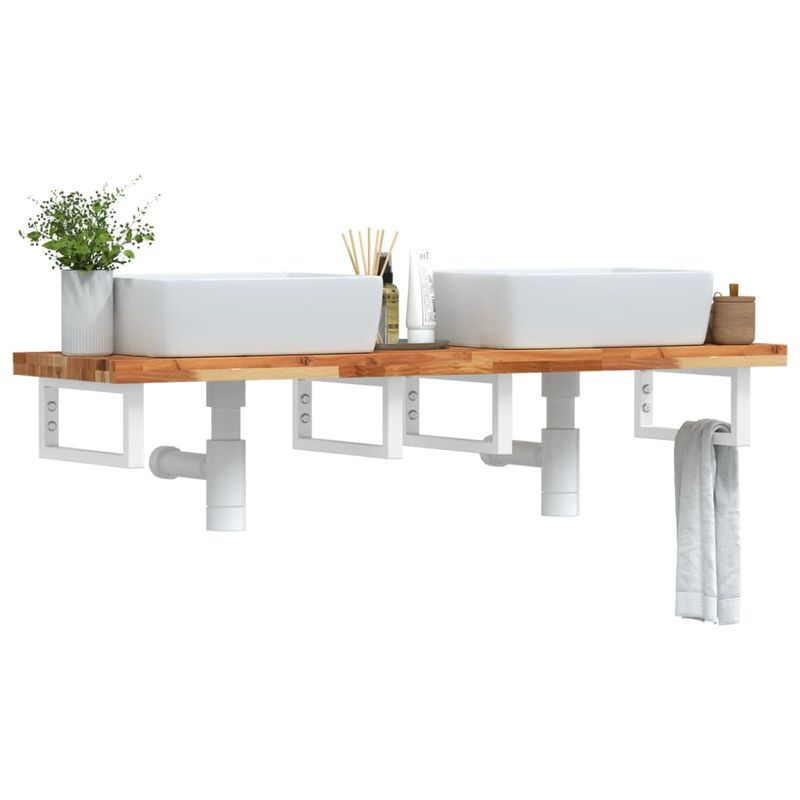 Casa si Gradina - Mobilier - Biblioteci si rafturi - Rafturi - Raft pentru lavoar montat pe perete, otel și lemn masiv acacia, maro închis și alb, mărime 160x40x4 cm, model dreptunghiular - Infinity.ro