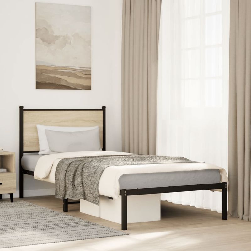 Casa si Gradina - Mobilier - Paturi si accesorii - Paturi - Cadru de pat metalic cu tablie, stejar sonoma, 90x190 cm - Infinity.ro