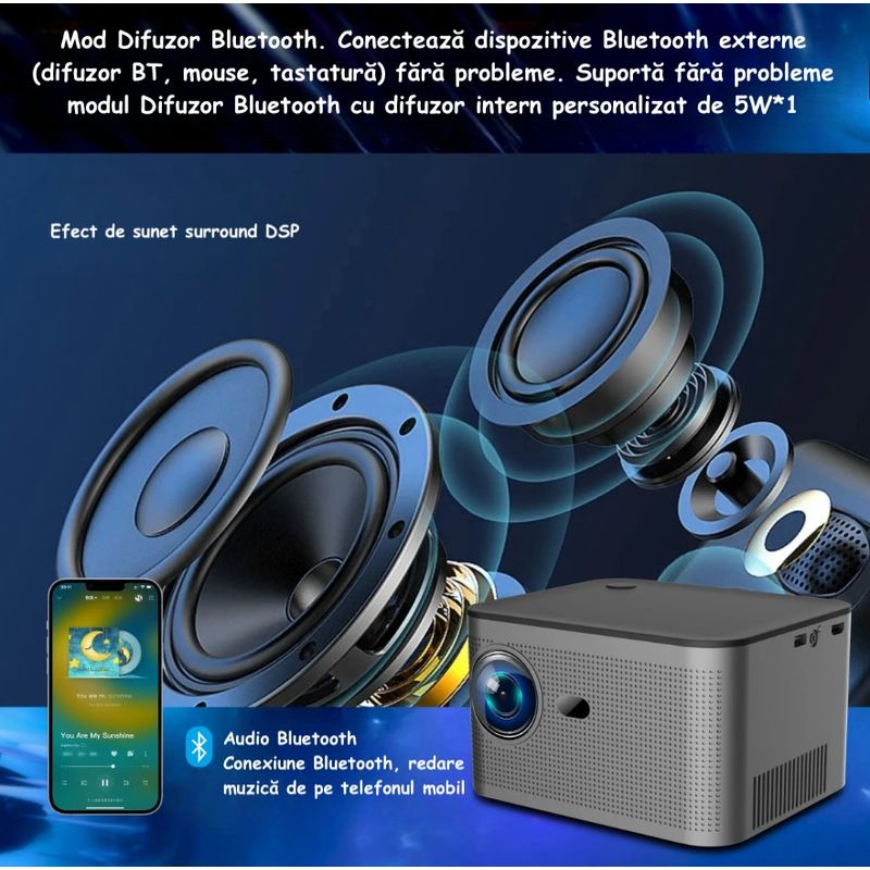 TV, Audio-Video si Foto - Videoproiectoare si accesorii - Videoproiectoare - Proiector Portabil, Dual Band WiFi, Auto Focus HD, Gri, Potrivit Pentru Cinema Acasa, Prezentari, Gaming, Evenimente - Infinity.ro