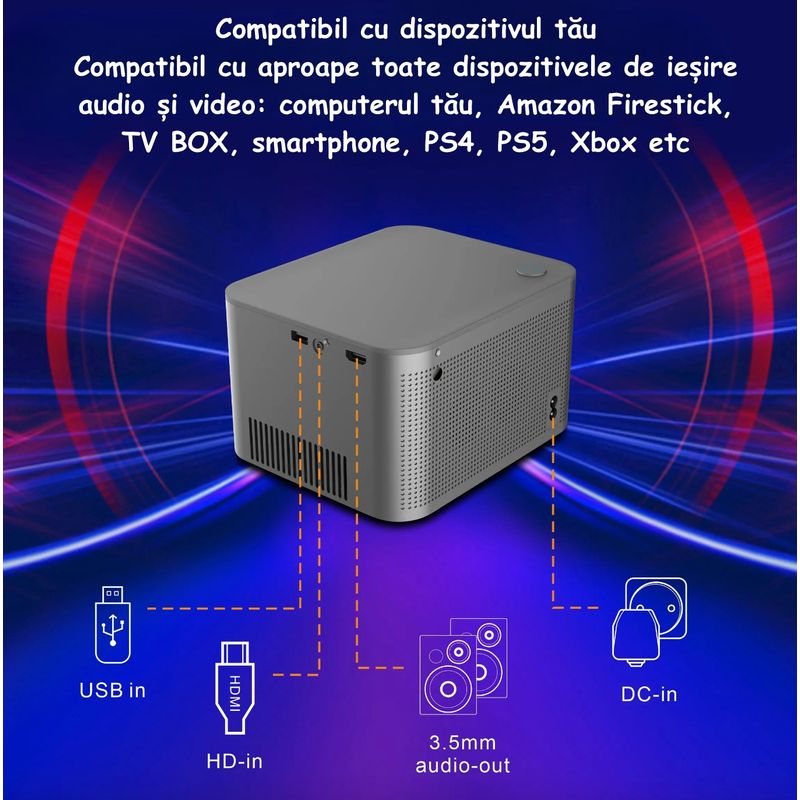 TV, Audio-Video si Foto - Videoproiectoare si accesorii - Videoproiectoare - Proiector Portabil, Dual Band WiFi, Auto Focus HD, Gri, Potrivit Pentru Cinema Acasa, Prezentari, Gaming, Evenimente - Infinity.ro