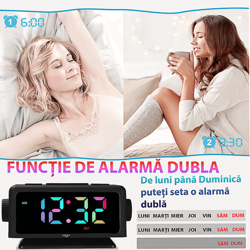 Casa si Gradina - Decoratiuni - Ceasuri - Ceas digital cu ecran LED RGB, doua porturi USB, functii avansate, mufa pentru casti, radio, alarma - Infinity.ro