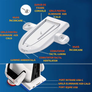 Statie cu ventilator pentru PS5 SLIM, cu 3 moduri de viteza (max 5500RPM ), incarcare  2 controllere, lumina RGB, alb