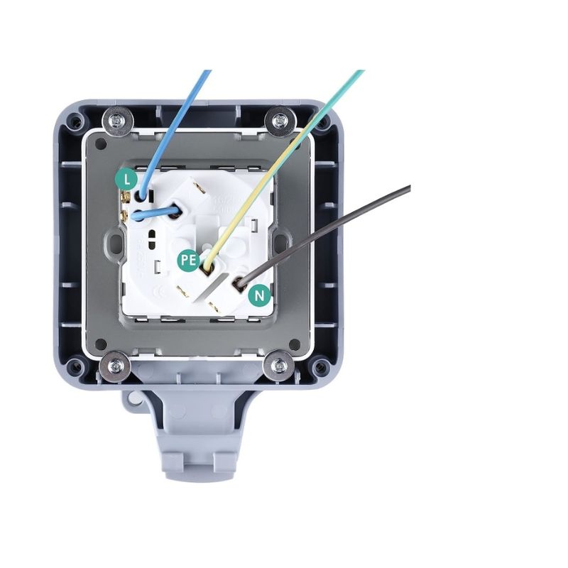Casa si Gradina/Electrice/Tablouri electrice/Accesorii tablouri electrice - Priza simpla exterior INNOVIX, Model Standard European, 250V/16A, IP66, rezistenta la apa si praf, gri cu intrerupator - Infinity.ro