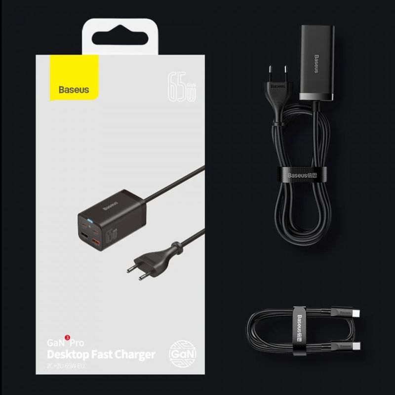 Laptop, Telefoane si Tablete - Telefoane mobile si accesorii - Accesorii Telefoane - Incarcatoare telefoane - Statie Incarcare 2xUSB-C, PD65W, 2xUSB-A, 5A + Cablu Type-C - Baseus GaN3 Pro (CCGP040101) - Negru - Infinity.ro