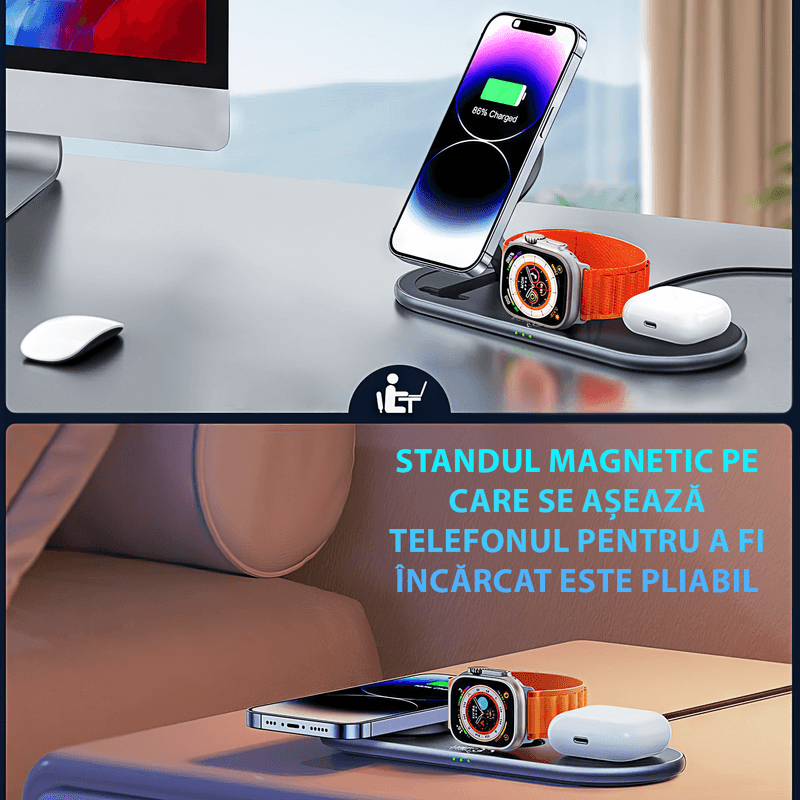 Laptop, Telefoane si Tablete - Telefoane mobile si accesorii - Accesorii Telefoane - Alte accesorii telefoane - Statie incarcator Wireless Fast Charger 15W Cu Magsafe 3 In 1  Compatibil Cu Apple Watch , Airpods  si Iphone Negru - Infinity.ro