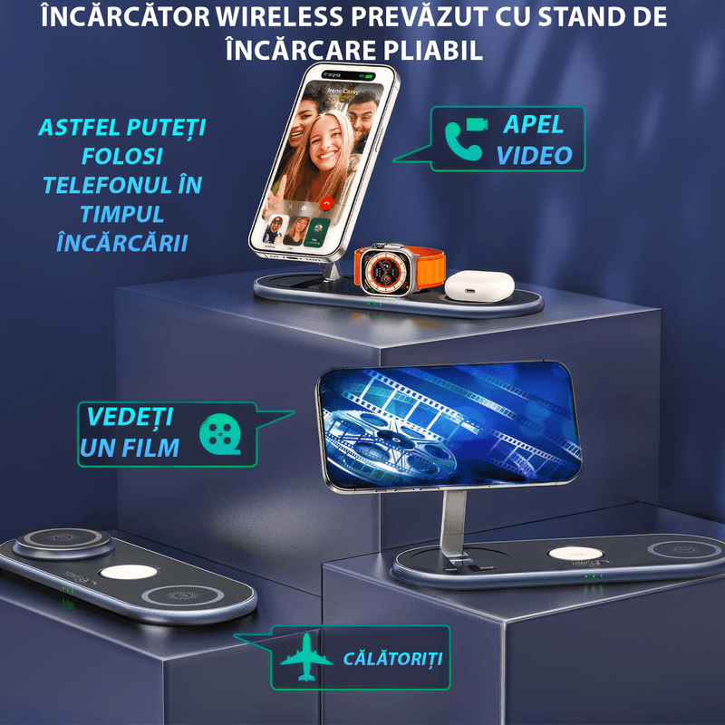 Laptop, Telefoane si Tablete - Telefoane mobile si accesorii - Accesorii Telefoane - Alte accesorii telefoane - Statie incarcator Wireless Fast Charger 15W Cu Magsafe 3 In 1  Compatibil Cu Apple Watch , Airpods  si Iphone Negru - Infinity.ro