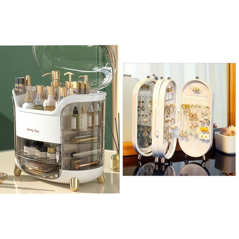 Ingrijire personala si Cosmetice - Machiaj - Portfarduri si genti cosmetice - Set 2 organizatoare pentru makeup, cosmetice si organizator bijuterii pliabil cu oglinda, alb - Infinity.ro