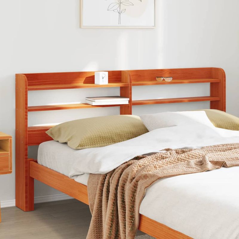 Casa si Gradina - Mobilier - Paturi si accesorii - Accesorii paturi - Tablie de pat cu rafturi, maro ceruit, 140 cm, lemn masiv pin, mărime 150x16x82 cm - Infinity.ro