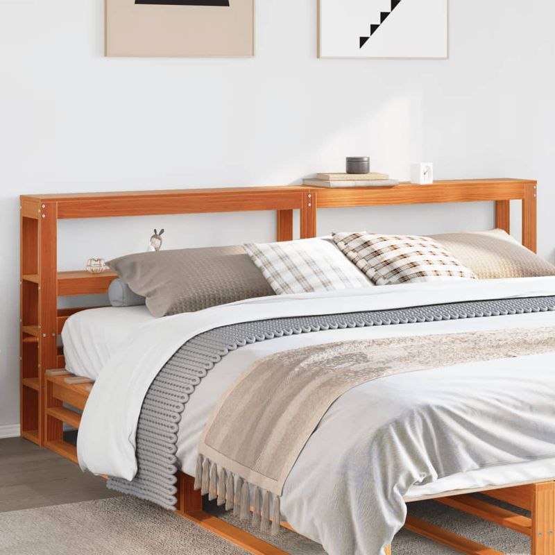 Casa si Gradina - Mobilier - Paturi si accesorii - Accesorii paturi - Tablie de pat cu rafturi, maro ceruit, 200 cm, lemn masiv pin, mărime 206x19x82 cm - Infinity.ro