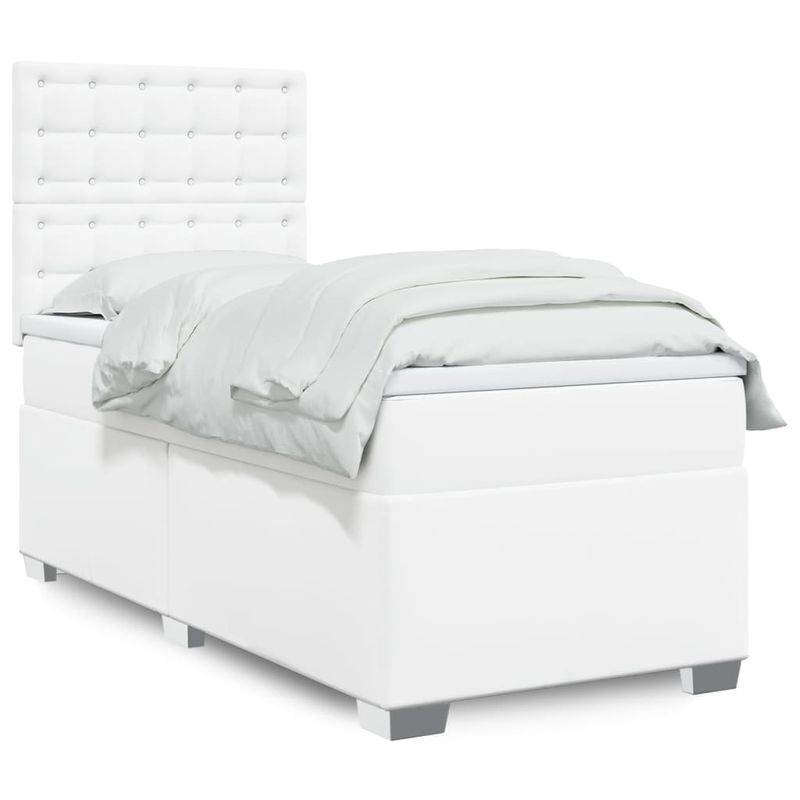 Casa si Gradina - Mobilier - Paturi si accesorii - Paturi - Pat box spring cu saltea, alb, 90x200 cm, piele ecologica - Infinity.ro