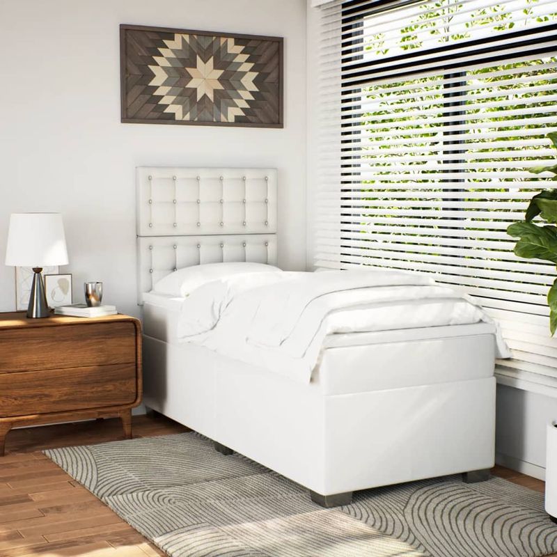 Casa si Gradina - Mobilier - Paturi si accesorii - Paturi - Pat box spring cu saltea, alb, 90x200 cm, piele ecologica - Infinity.ro