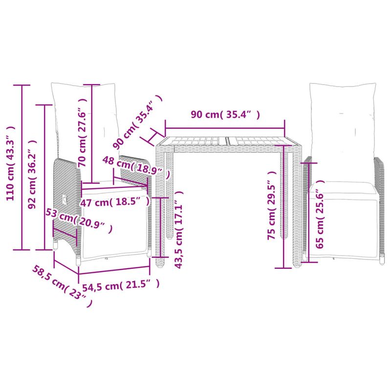 Casa si Gradina - Gradina si terasa - Mobilier exterior - Seturi mobila gradina - Set bistro de gradina cu perne, 3 piese, gri, poliratan - Infinity.ro