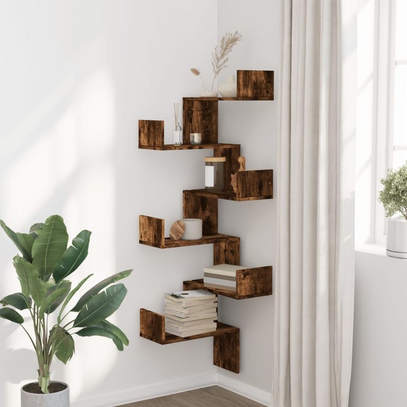 Casa si Gradina - Mobilier - Biblioteci si rafturi - Rafturi - Raft coltar perete stejar fumuriu 45x45x147 cm lemn prelucrat - Infinity.ro