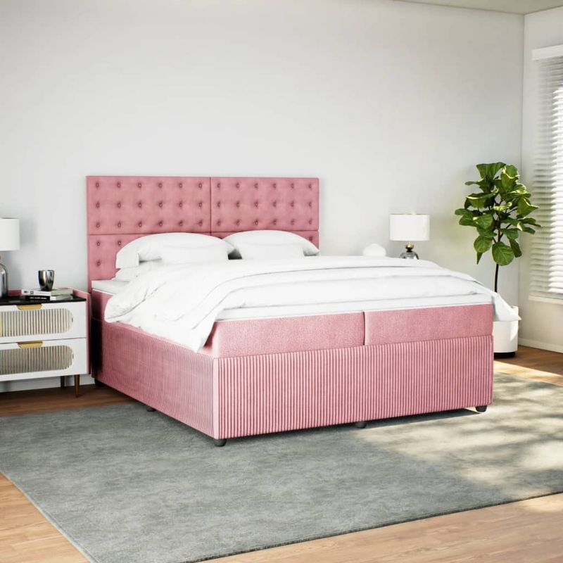 Casa si Gradina - Mobilier - Paturi si accesorii - Paturi - Pat box spring cu saltea, roz, 200x200 cm, catifea - Infinity.ro