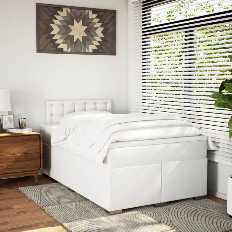 Casa si Gradina - Mobilier - Paturi si accesorii - Paturi - Pat box spring cu saltea, alb, 120x190 cm, piele ecologica - Infinity.ro