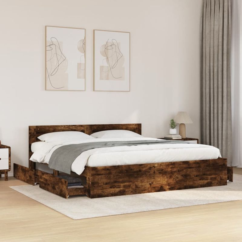 Casa si Gradina - Mobilier - Paturi si accesorii - Paturi - Cadru de pat cu tablie stejar fumuriu 200x200 cm lemn prelucrat - Infinity.ro
