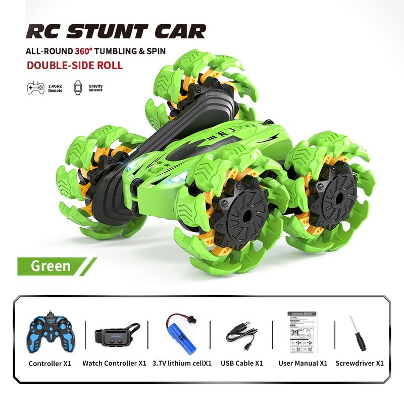 Jucarii, Copii si Bebe - Jucarii si jocuri - Vehicule si jucarii cu telecomanda - Masinute - Masina Off-Road 4x4 bidirectionala cu Telecomanda, senzor de mana, Lumini Led si Sunete, Rotire 360 Grade, Verde - Infinity.ro