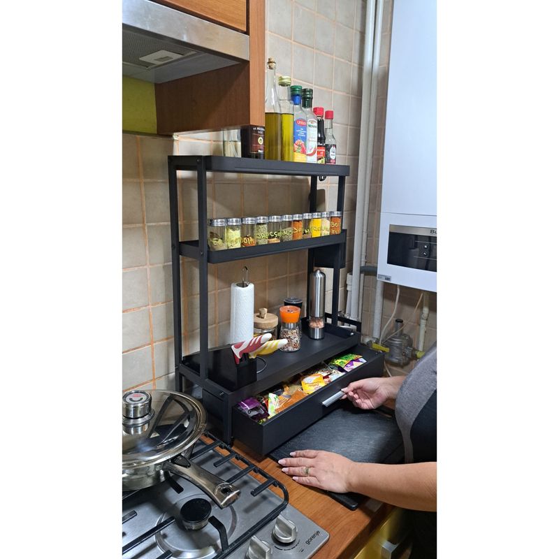 Casa si Gradina - Mobilier - Biblioteci si rafturi - Rafturi - Raft universal pentru bucatarie, 3 polite, sertar, suport cutite, ustensile de gatit, tocator, 4 carlige, metalic - Infinity.ro