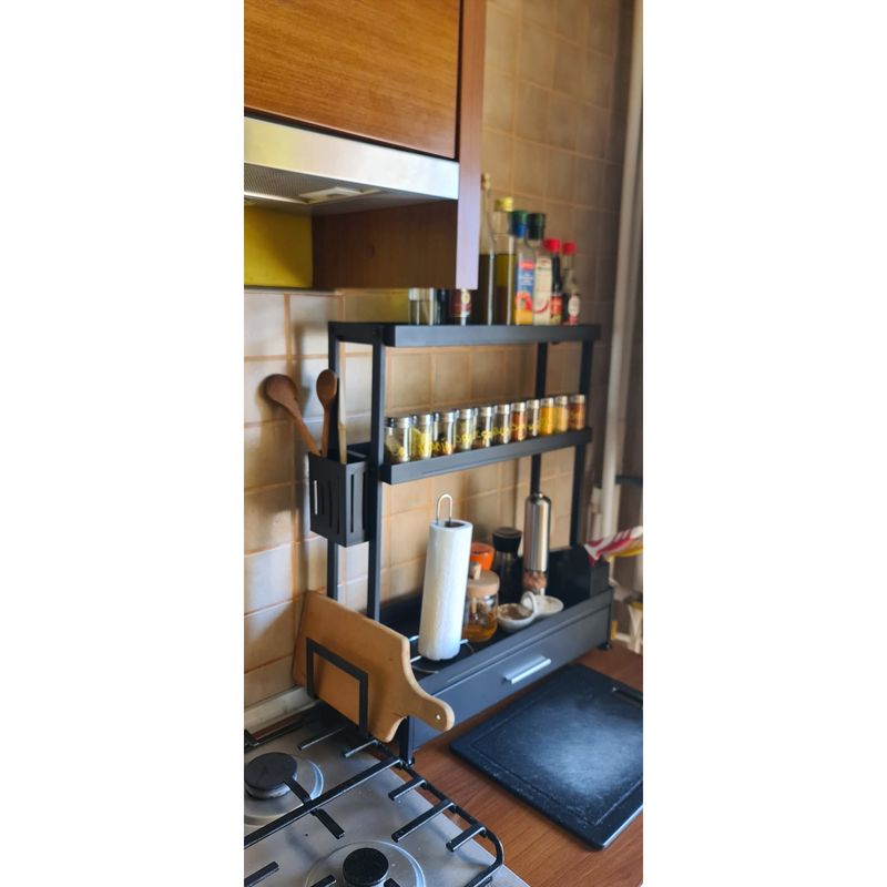 Casa si Gradina - Mobilier - Biblioteci si rafturi - Rafturi - Raft universal pentru bucatarie, 3 polite, sertar, suport cutite, ustensile de gatit, tocator, 4 carlige, metalic - Infinity.ro