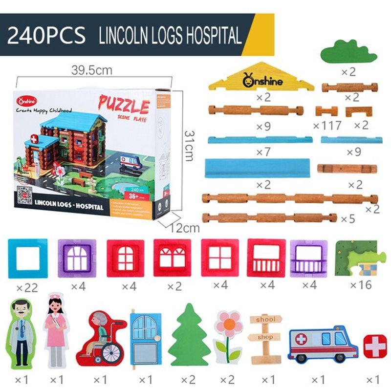 Jucarii, Copii si Bebe - Jucarii si jocuri - Seturi de constructie si cuburi - Seturi de constructie - Joc de Construit cu 240 Piese, Cabana din lemn si Spital - Infinity.ro