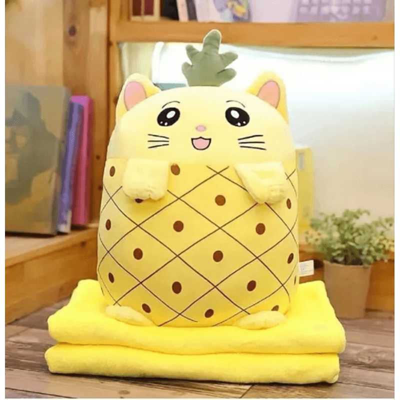Jucarii, Copii si Bebe - Jucarii si jocuri - Jucarii de plus - Jucarie de plus multifunctionala, dimensiuni 25X30X30cm, cu Paturica pufoasa, 180x100cm, Model Ananas, Culoare Galben - Infinity.ro