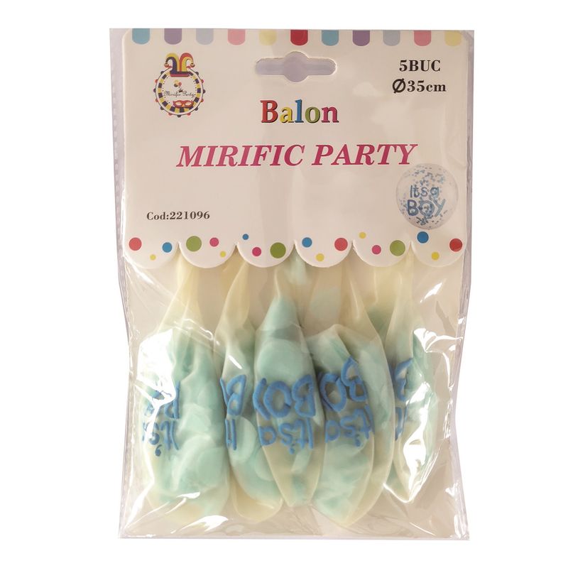 Casa si Gradina - Decoratiuni - Decoratiuni petrecere - Baloane - Set 5 baloane albe din latex umplute cu confeti albastre, it's a Boy, 35 cm - Infinity.ro