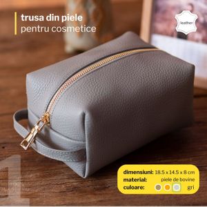 Trusa pentru cosmetice din piele, cu fermoar si maner de prindere, eleganta, utila pentru calatorie/voiaj, Gri