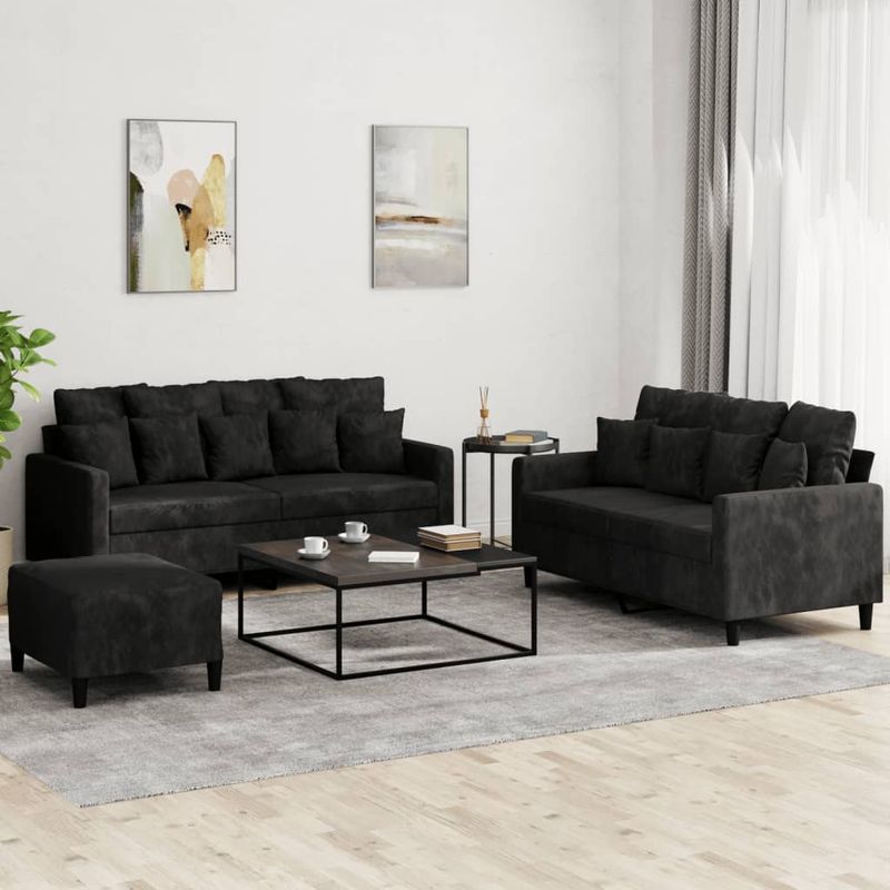 Casa si Gradina - Mobilier - Seturi de mobilier - Seturi living - Set de canapele cu perne, 3 piese, negru, catifea - Infinity.ro