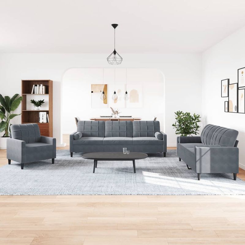 Casa si Gradina - Mobilier - Seturi de mobilier - Seturi living - Set de canapele cu perne/rulouri, 3 piese, gri inchis, catifea - Infinity.ro