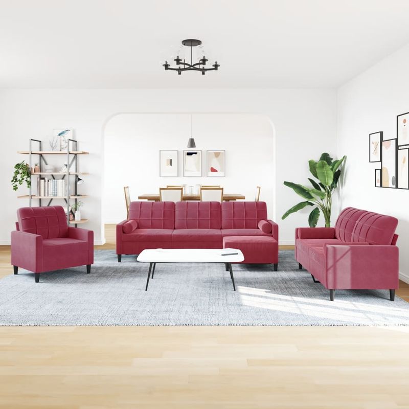 Casa si Gradina - Mobilier - Seturi de mobilier - Seturi living - Set canapea cu perne/rulouri, 4 piese, rosu vin, catifea - Infinity.ro