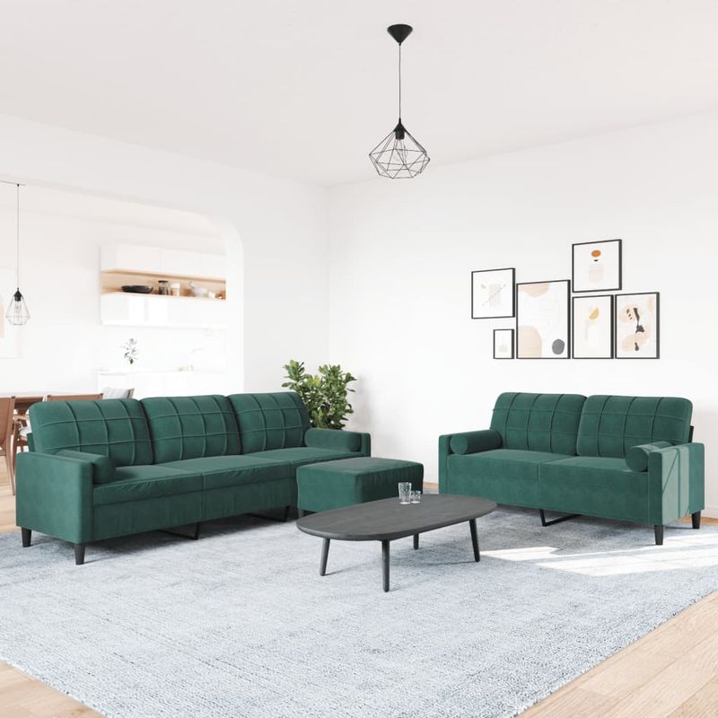 Casa si Gradina - Mobilier - Seturi de mobilier - Seturi living - Set canapele cu perne/rulouri, 3 piese, verde inchis, catifea - Infinity.ro