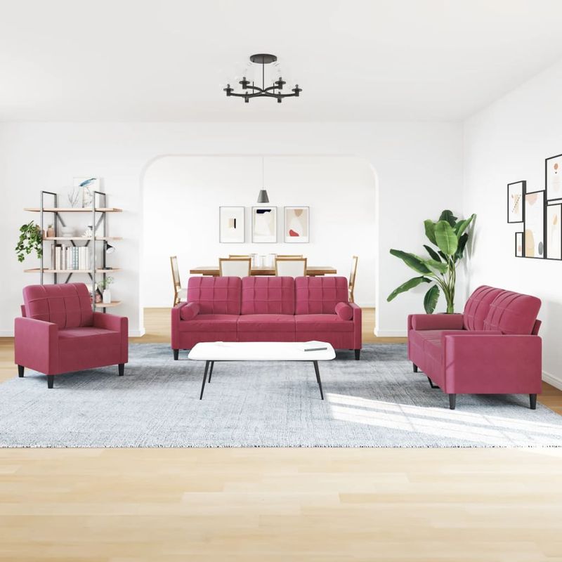 Casa si Gradina - Mobilier - Seturi de mobilier - Seturi living - Set canapea cu perne/rulouri, 3 piese, rosu vin, catifea - Infinity.ro