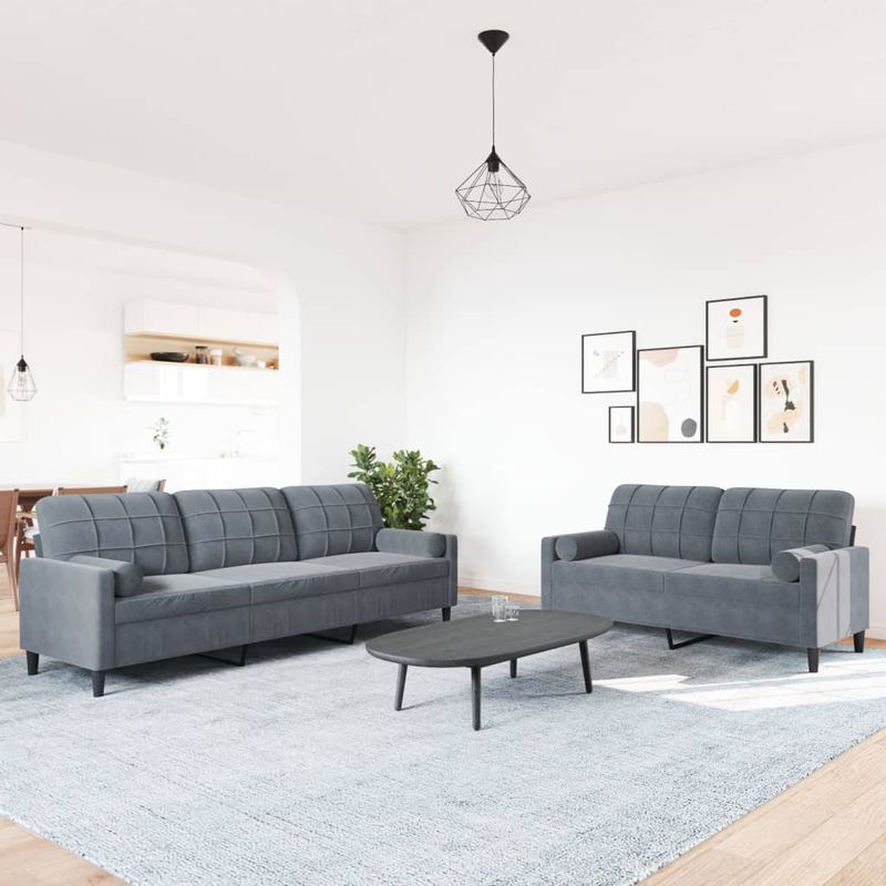 Casa si Gradina - Mobilier - Seturi de mobilier - Seturi living - Set de canapele cu perne/rulouri, 2 piese, gri inchis, catifea - Infinity.ro