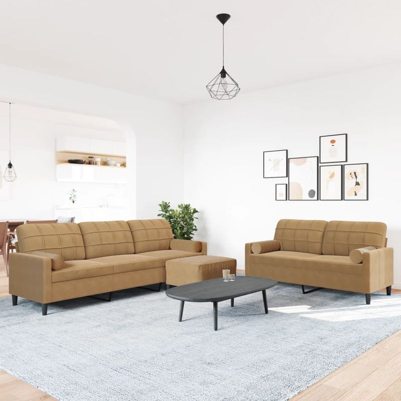 Casa si Gradina - Mobilier - Seturi de mobilier - Seturi living - Set de canapele cu perne/rulouri, 3 piese, maro, catifea - Infinity.ro