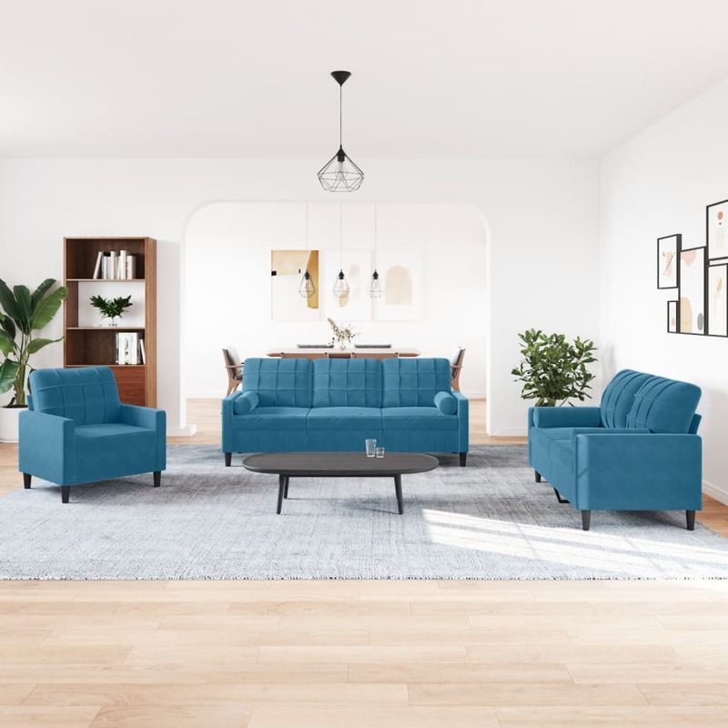 Casa si Gradina - Mobilier - Seturi de mobilier - Seturi living - Set de canapele cu perne/rulouri, 3 piese, albastru, catifea - Infinity.ro