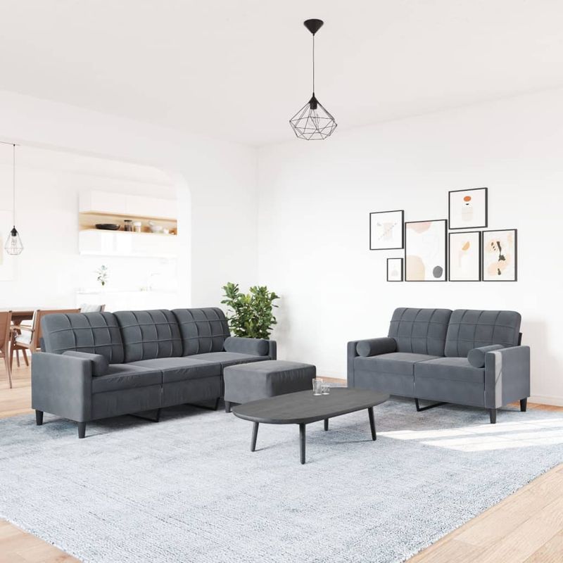 Casa si Gradina - Mobilier - Seturi de mobilier - Seturi living - Set de canapele cu perne/rulouri, 3 piese, gri inchis, catifea - Infinity.ro