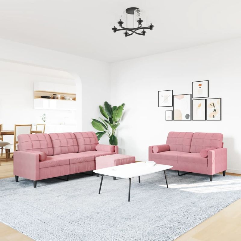 Casa si Gradina - Mobilier - Seturi de mobilier - Seturi living - Set canapele cu perne/rulouri, 3 piese, roz, catifea - Infinity.ro