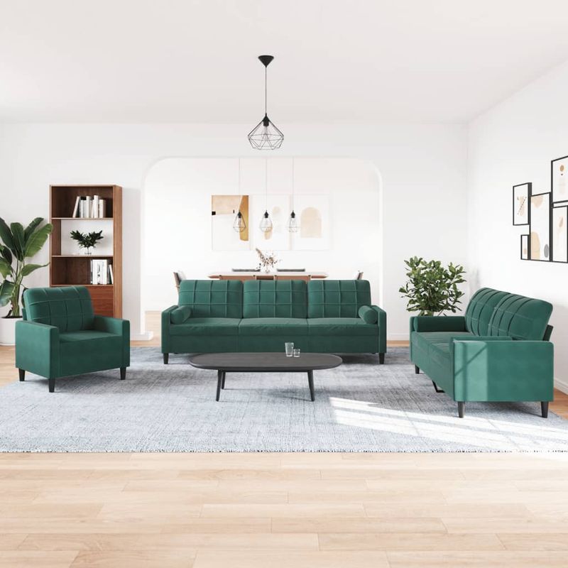 Casa si Gradina - Mobilier - Seturi de mobilier - Seturi living - Set canapele cu perne/rulouri, 3 piese, verde inchis, catifea - Infinity.ro