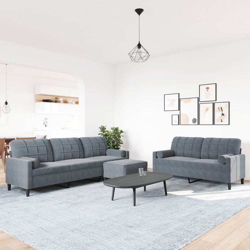 Casa si Gradina - Mobilier - Seturi de mobilier - Seturi living - Set de canapele cu perne/rulouri, 3 piese, gri inchis, catifea - Infinity.ro