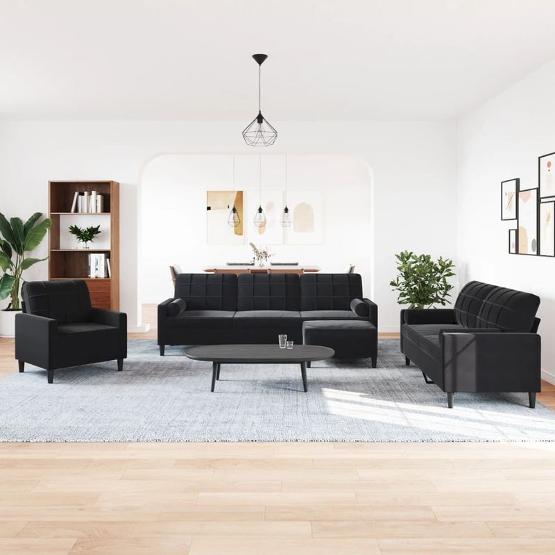 Casa si Gradina - Mobilier - Seturi de mobilier - Seturi living - Set de canapele cu perne/rulouri, 4 piese, negru, catifea - Infinity.ro