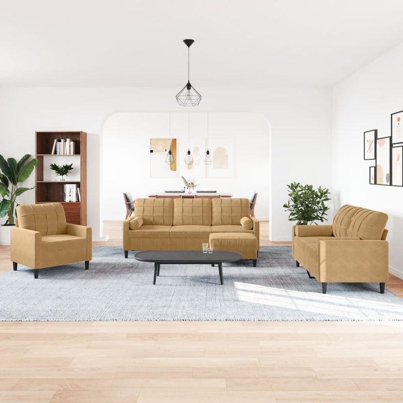 Casa si Gradina - Mobilier - Seturi de mobilier - Seturi living - Set de canapele cu perne/rulouri, 4 piese, maro, catifea - Infinity.ro
