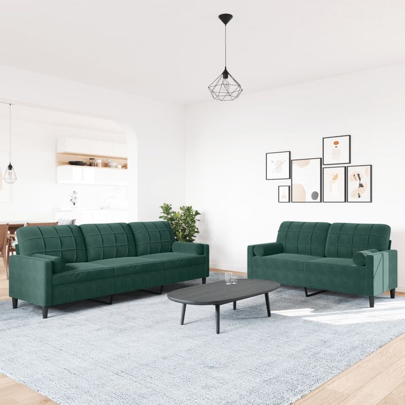 Casa si Gradina - Mobilier - Seturi de mobilier - Seturi living - Set canapele cu perne/rulouri, 2 piese, verde inchis, catifea - Infinity.ro