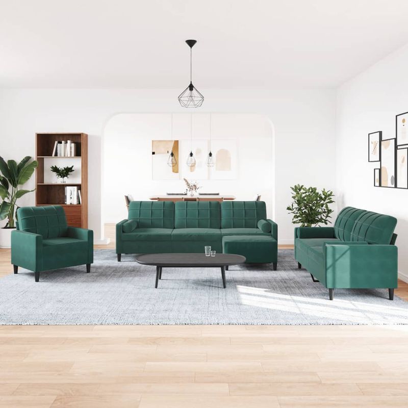 Casa si Gradina - Mobilier - Seturi de mobilier - Seturi living - Set canapele cu perne/rulouri, 4 piese, verde inchis, catifea - Infinity.ro
