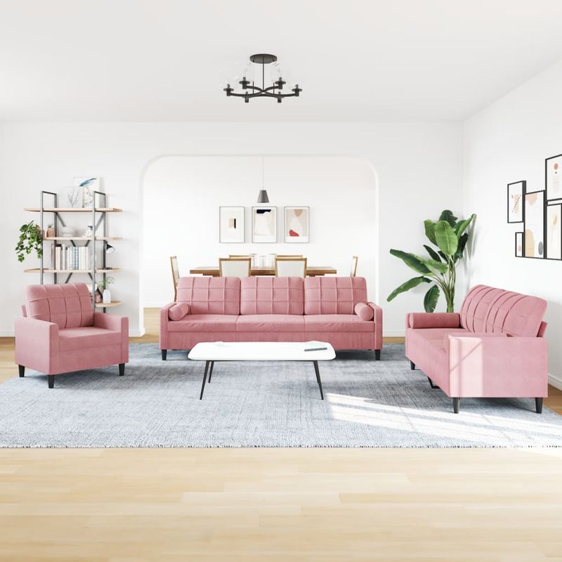 Casa si Gradina - Mobilier - Seturi de mobilier - Seturi living - Set canapele cu perne/rulouri, 3 piese, roz, catifea - Infinity.ro