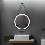 Casa si Gradina - Mobilier - Mobilier baie - Oglinzi baie - Oglinda rotunda cu led si buton touch, cu rama neagra din aluminiu, chinga din piele ecologica, diametru 60cm - Infinity.ro