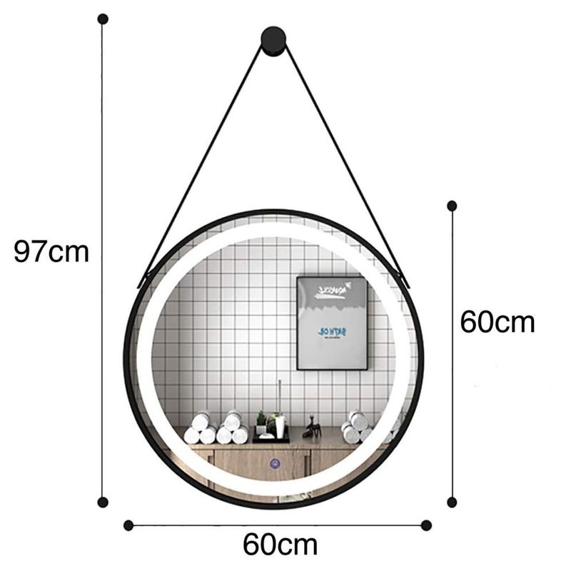 Casa si Gradina - Mobilier - Mobilier baie - Oglinzi baie - Oglinda rotunda cu led si buton touch, cu rama neagra din aluminiu, chinga din piele ecologica, diametru 60cm - Infinity.ro